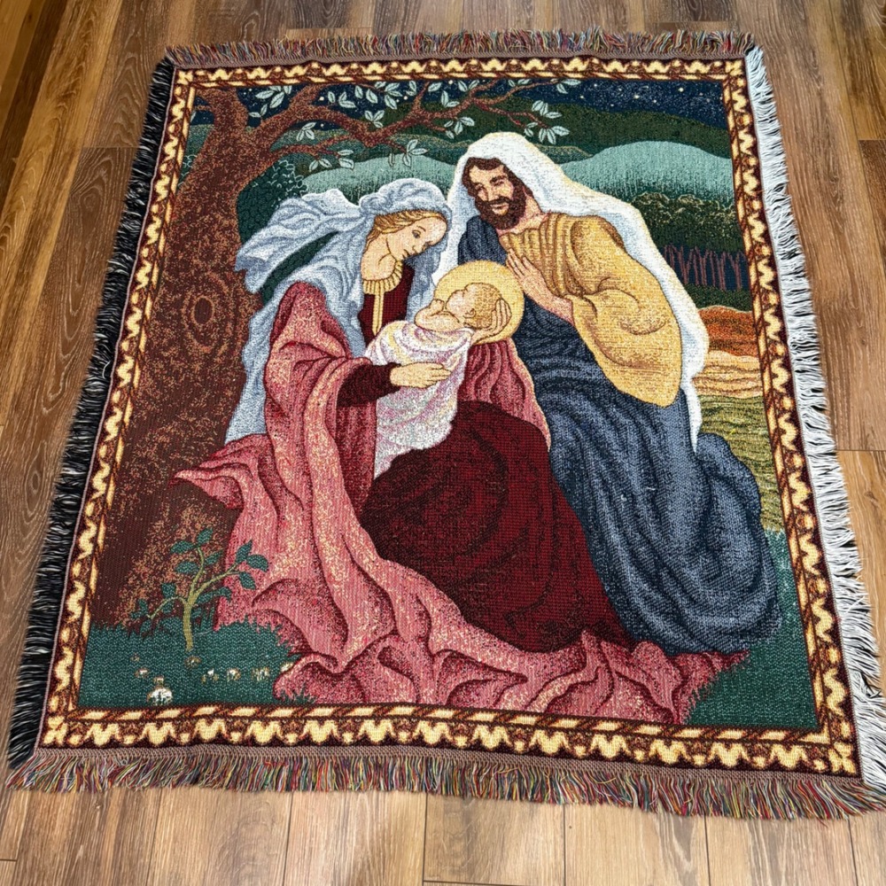 Vintage American Weavers "A Child Is Born" Holy Family tapestry throw blanket.